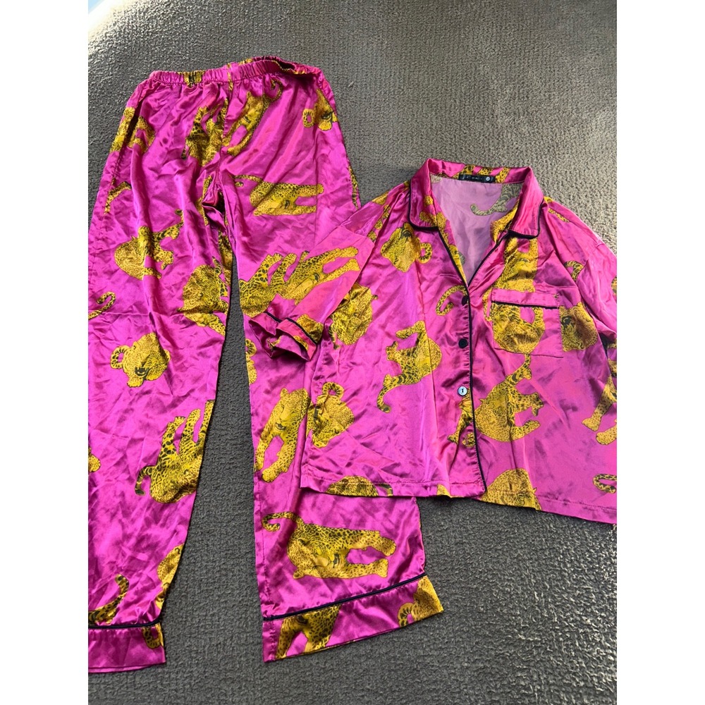 TART Intimates Pink Leopard Satin Pajama Set L Short Sleeve Top & Pants 2PC